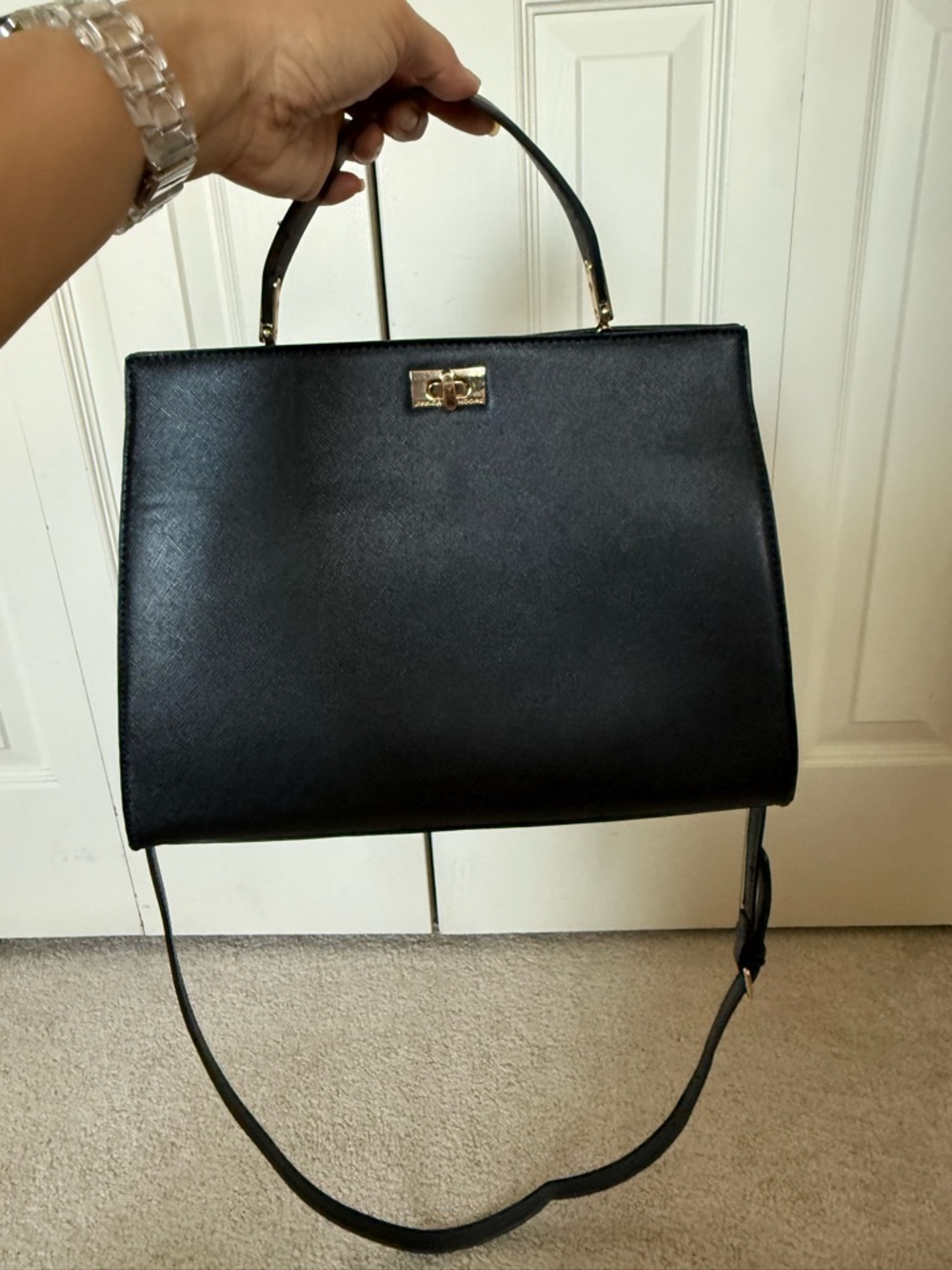 Jessica Moore Black Structured Top Handle Bag w/ Crossbody Strap